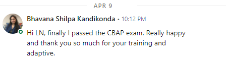 Client message thanking Adaptive after cracking CBAP exam